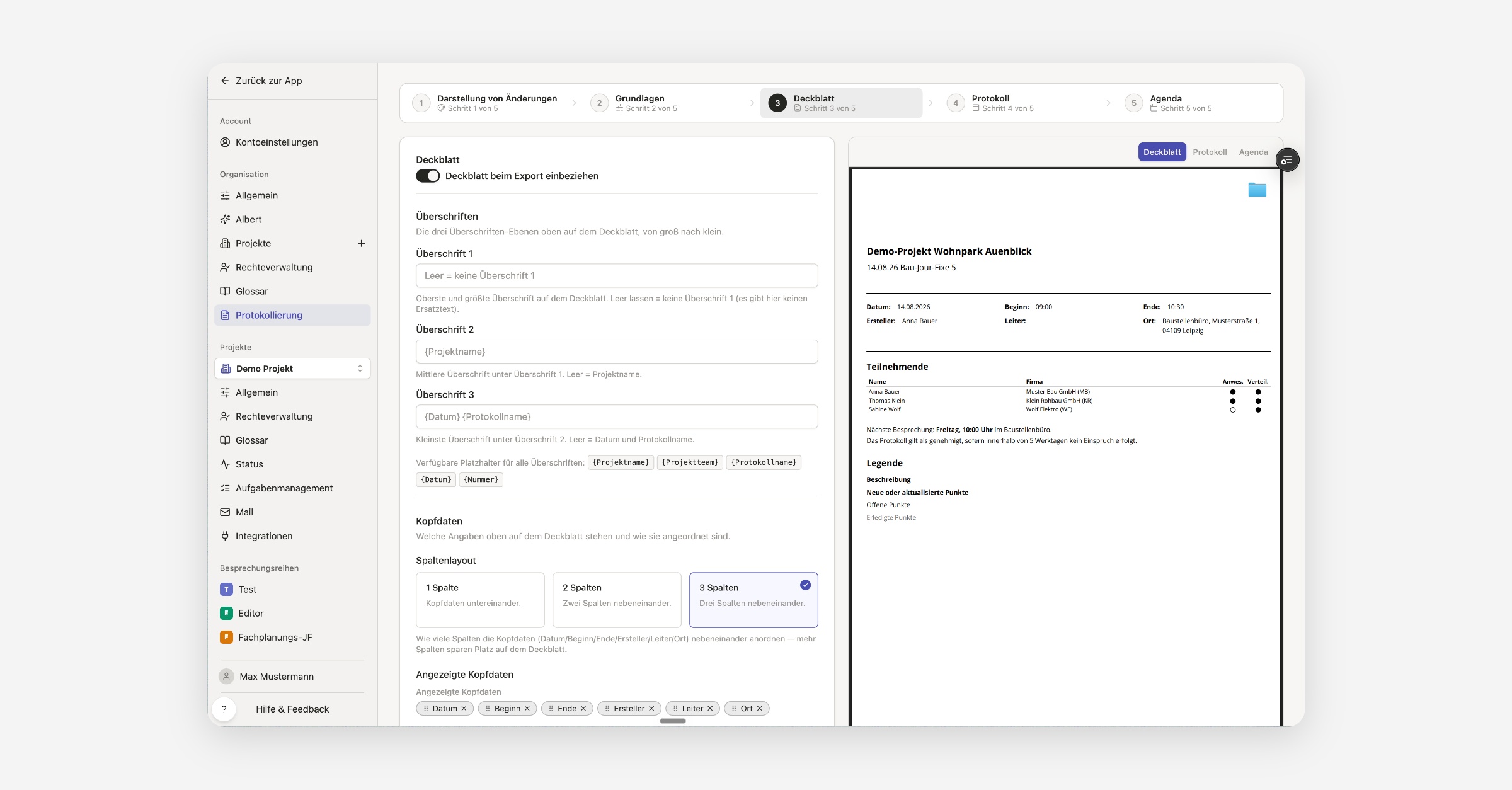 Protokoll-Tool: Glossar, Tabellen und Export-Feinschliff