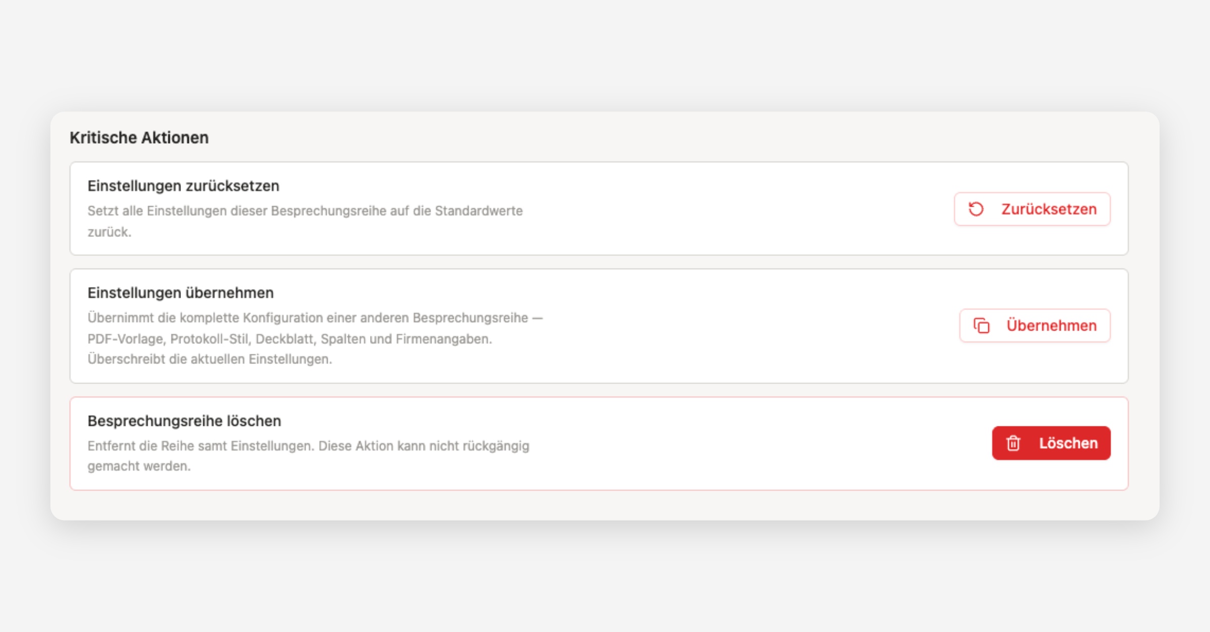 Besprechungsreihe zurücksetzen oder Einstellungen übernehmen